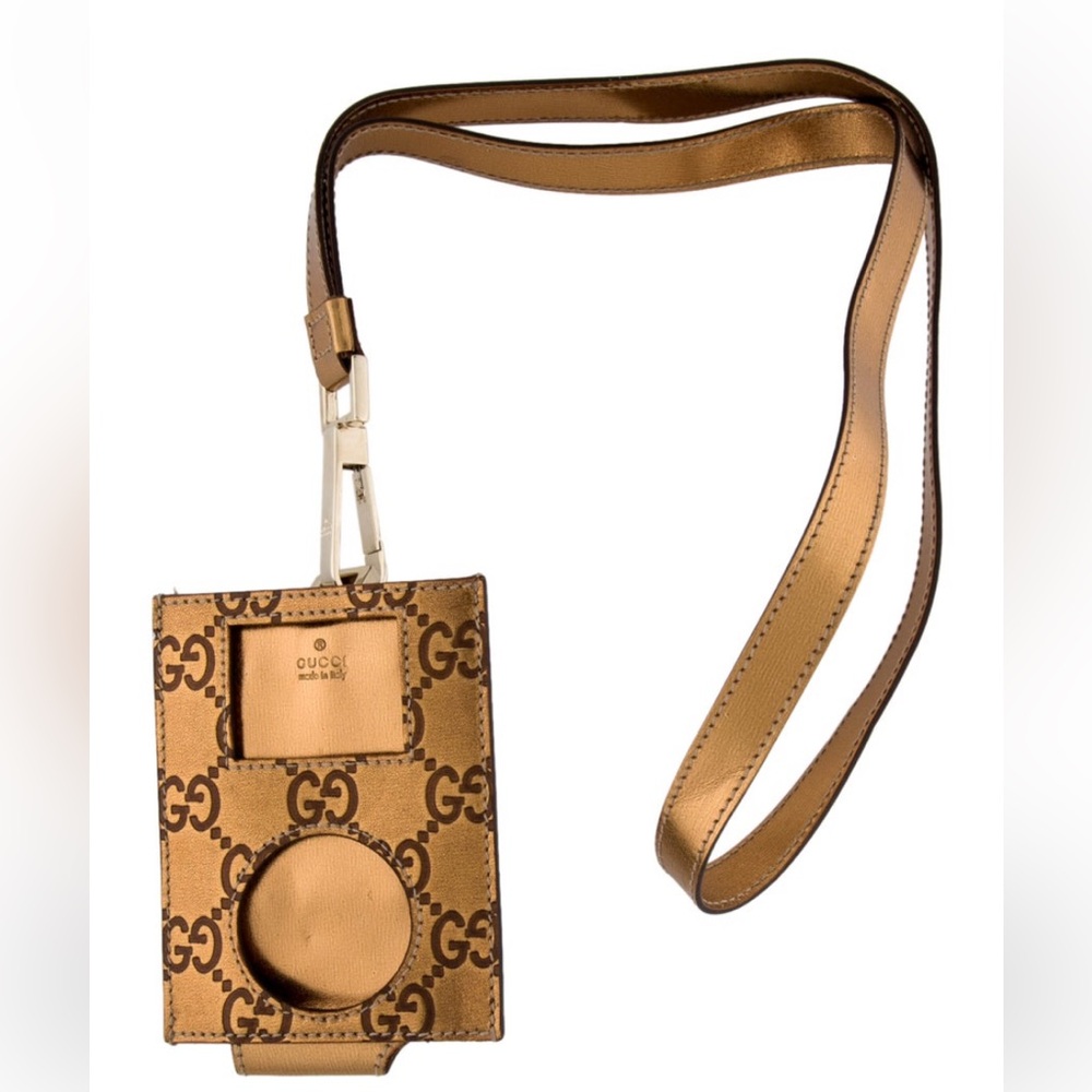 Gucci Vintage GG Gold Metallic Leather Nano IPod Case and Lanyard